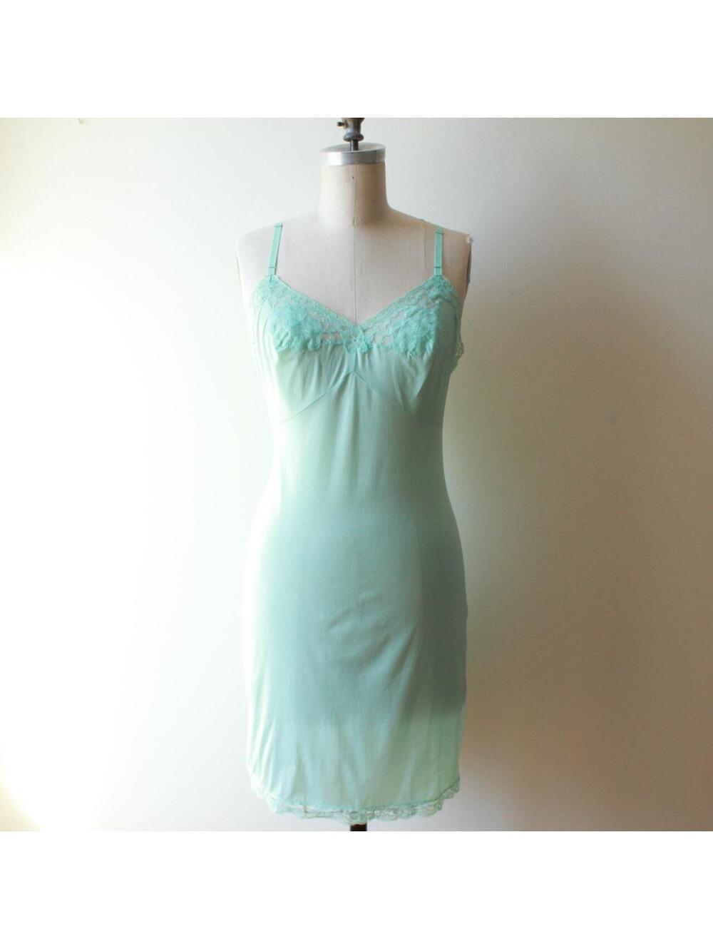 Vintage Kayser Mint Green Lace Trim Slip Dress Soft Satin Adjustable Straps Size